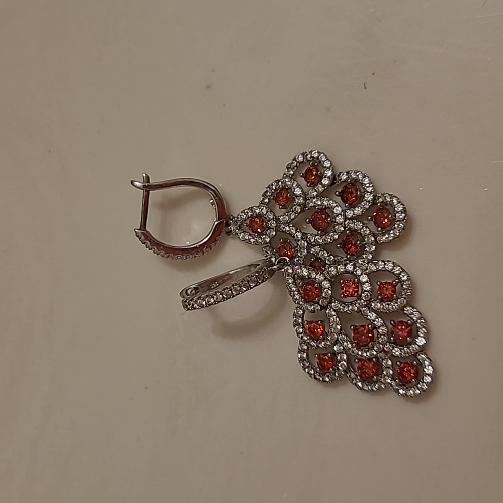 Rhodium Plated  Ruby Stone with CZ Silver Earrings